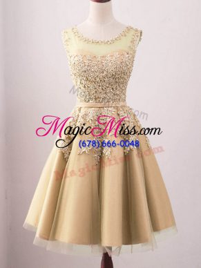 Enchanting Gold Sleeveless Lace Knee Length Wedding Guest Dresses
