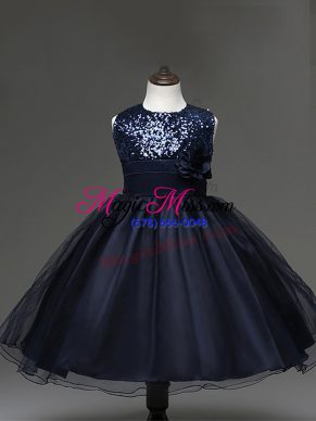 Hot Sale Tulle Scoop Sleeveless Zipper Sequins and Hand Made Flower Little Girls Pageant Gowns in Navy Blue
