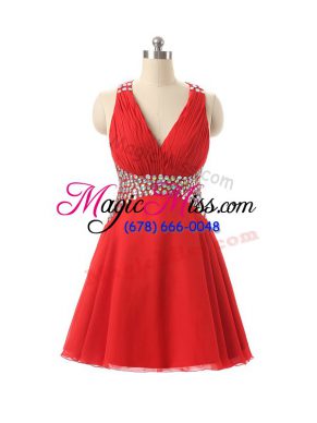 Beauteous Mini Length Criss Cross Pageant Dress for Girls Red for Prom and Party and Sweet 16 with Beading