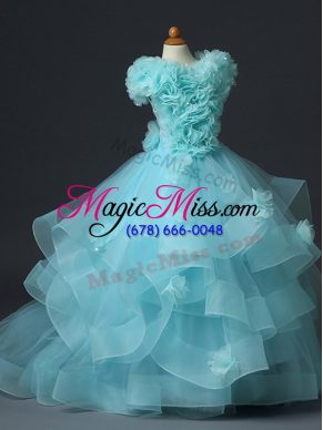 Elegant Floor Length Lace Up Little Girls Pageant Dress Aqua Blue for Wedding Party with Ruffles and Hand Made Flower