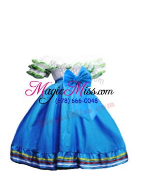Ruffled Layers and Bowknot Girls Pageant Dresses Baby Blue Lace Up Short Sleeves Floor Length