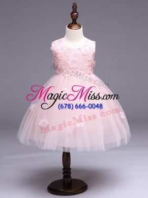 High Class Baby Pink Scoop Zipper Appliques and Bowknot Little Girls Pageant Gowns Sleeveless