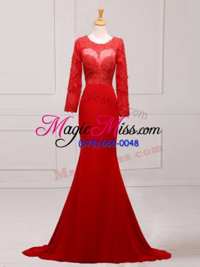 Red Scoop Zipper Lace and Appliques Mother of Bride Dresses Brush Train Long Sleeves