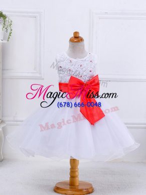 Graceful White Ball Gowns Scoop Sleeveless Organza Knee Length Zipper Bowknot Little Girl Pageant Gowns