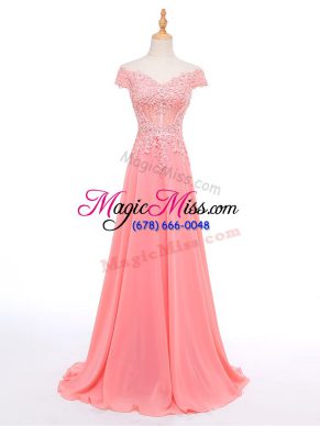 Chiffon Short Sleeves Floor Length Evening Party Dresses and Lace and Appliques