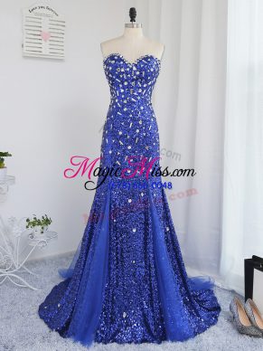Dramatic Tulle and Sequined Sweetheart Sleeveless Zipper Beading and Sequins Evening Gowns in Royal Blue
