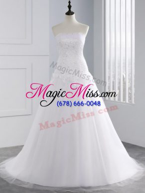 Strapless Sleeveless Bridal Gown Brush Train Beading and Appliques White Tulle