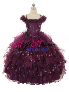 Burgundy Girls Pageant Dresses Wedding Party with Ruffles and Ruffled Layers Off The Shoulder Sleeveless Lace Up