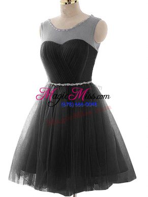 Modern Black A-line Scoop Sleeveless Tulle Mini Length Lace Up Beading and Ruching Evening Dress
