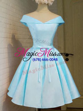 Aqua Blue A-line Off The Shoulder Cap Sleeves Taffeta Knee Length Lace Up Belt Bridesmaid Dresses
