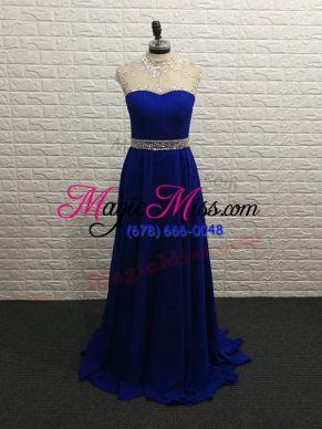 Stylish Royal Blue Zipper Prom Dresses Beading Sleeveless Brush Train
