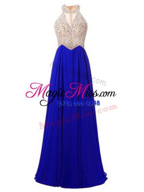 Floor Length Royal Blue Prom Dresses Chiffon Sleeveless Beading