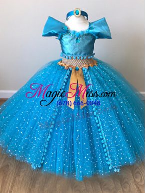 Custom Fit Baby Blue Tulle Zipper Child Pageant Dress Cap Sleeves Floor Length Sequins and Belt
