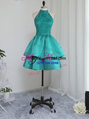 Custom Designed Satin Sleeveless Mini Length Prom Dress and Lace and Appliques
