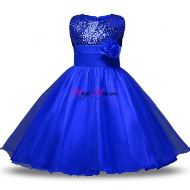 Admirable Ball Gowns Toddler Flower Girl Dress Royal Blue Scoop Organza and Sequined Sleeveless Knee Length Zipper