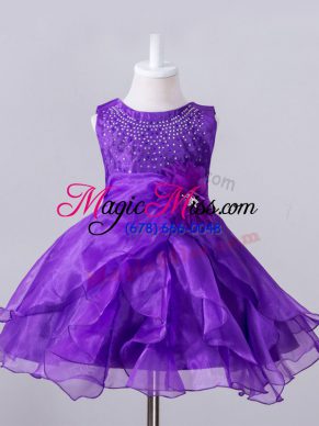 High Class Purple Scoop Zipper Beading and Hand Made Flower Flower Girl Dresses for Less Sleeveless