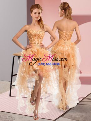 Gold Lace Up Evening Dress Beading and Ruffles Sleeveless High Low