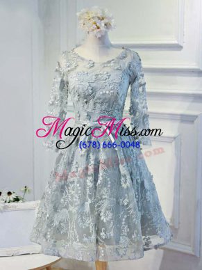 Grey A-line Scoop Long Sleeves Organza Knee Length Lace Up Lace and Appliques and Belt Prom Dress