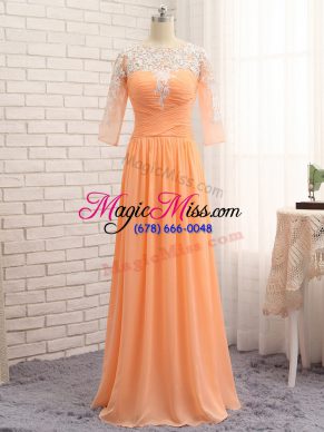 Orange Evening Wear Prom and Party and Military Ball with Lace and Appliques and Ruching Bateau Long Sleeves Zipper