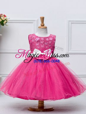 Fine Hot Pink Tulle Zipper Flower Girl Dresses for Less Sleeveless Knee Length Lace and Bowknot