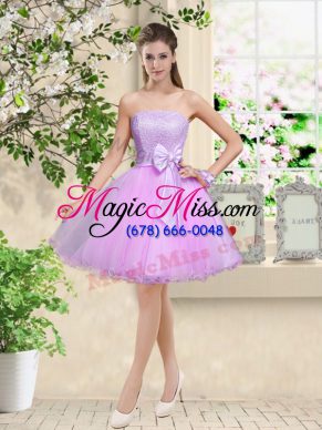 Traditional Lilac A-line Organza Off The Shoulder Sleeveless Lace and Belt Knee Length Lace Up Quinceanera Court Dresses