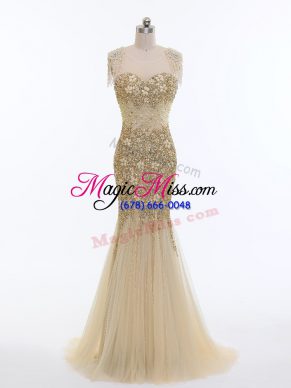 Chic Champagne Sleeveless Tulle Brush Train Zipper Evening Wear for Prom and Military Ball and Sweet 16