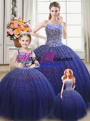 Popular Tulle Strapless Sleeveless Lace Up Beading Vestidos de Quinceanera in Royal Blue