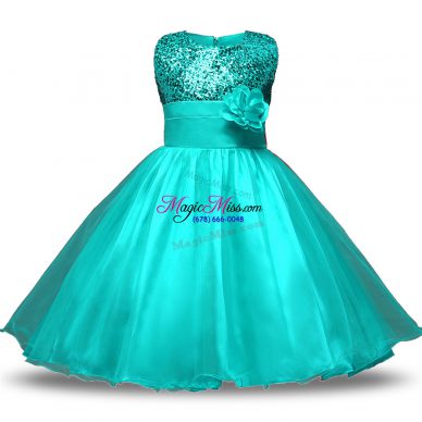 Knee Length Turquoise Flower Girl Dress Organza and Sequined Sleeveless Bowknot and Belt and Hand Made Flower