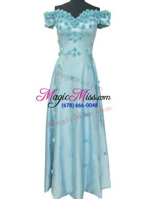 Light Blue Prom and Military Ball with Hand Made Flower Off The Shoulder Sleeveless Zipper