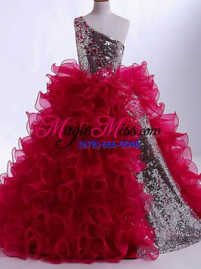 Wine Red One Shoulder Zipper Ruffles and Sequins Little Girl Pageant Gowns Sleeveless