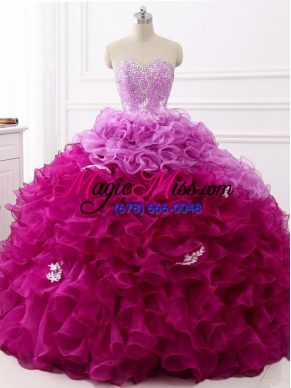 Multi-color Lace Up 15th Birthday Dress Beading and Appliques and Ruffles Sleeveless Brush Train