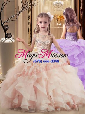 Scoop Sleeveless Tulle Little Girls Pageant Gowns Beading and Ruffles Brush Train Lace Up