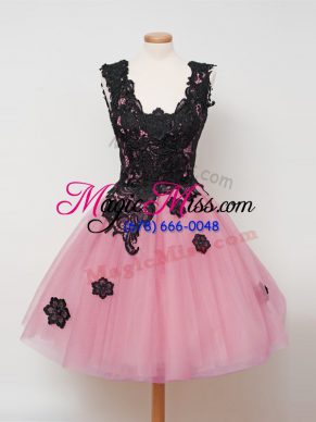 Ideal Knee Length Ball Gowns Sleeveless Pink Bridesmaid Gown Zipper