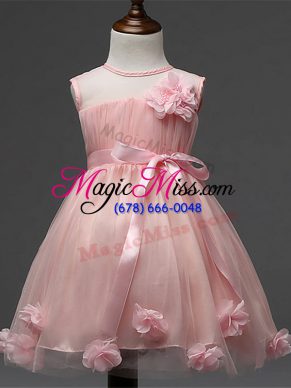 Simple Sleeveless Knee Length Hand Made Flower Zipper Flower Girl Dress with Pink