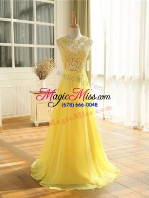 Yellow Empire Chiffon Scoop Sleeveless Lace and Appliques Floor Length Zipper Womens Evening Dresses