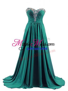 Turquoise Empire Beading Celebrity Prom Dress Lace Up Elastic Woven Satin Sleeveless