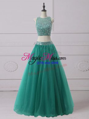 Traditional Green Tulle Zipper Scoop Sleeveless Floor Length Prom Dress Beading