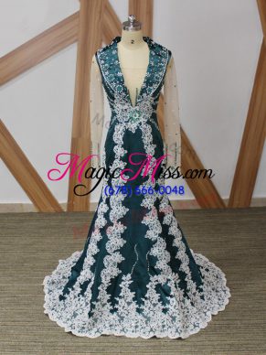 Best Long Sleeves Beading and Lace and Appliques Zipper Mother of the Bride Dress with Navy Blue Brush Train