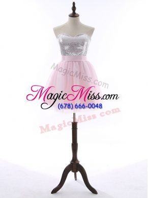 Mini Length Baby Pink Evening Dress Tulle and Sequined Sleeveless Sequins and Bowknot