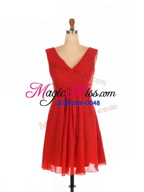 Great Red Chiffon Zipper Dama Dress for Quinceanera Sleeveless Mini Length Ruching