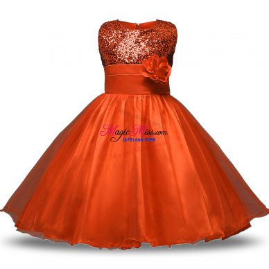 Fine Knee Length Zipper Flower Girl Dresses for Less Orange Red for Military Ball and Sweet 16 and Quinceanera with Bowknot and Belt and Hand Made Flower