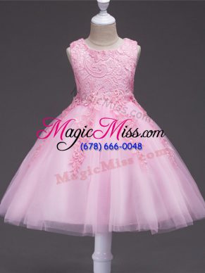 Sweet Baby Pink Ball Gowns Appliques Flower Girl Dresses Zipper Tulle Sleeveless Knee Length