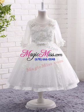 White Zipper Little Girls Pageant Dress Lace and Appliques Short Sleeves Tea Length