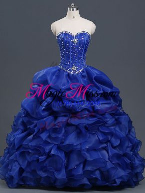 Sexy Floor Length Royal Blue Quinceanera Dresses Organza Sleeveless Beading and Ruffles and Pick Ups