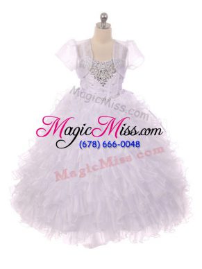 Latest White Little Girls Pageant Gowns Wedding Party with Beading and Ruffles Straps Sleeveless Lace Up