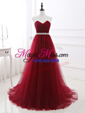 Classical Wine Red Lace Up Sweetheart Beading Prom Dress Tulle Sleeveless Brush Train