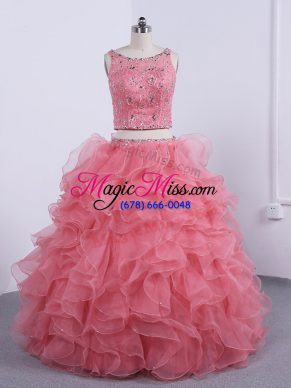 New Style Organza Scoop Sleeveless Zipper Beading and Ruffles Sweet 16 Quinceanera Dress in Watermelon Red