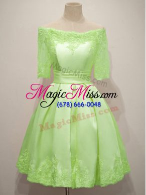 Top Selling Yellow Green Off The Shoulder Neckline Lace Bridesmaid Dress Half Sleeves Lace Up