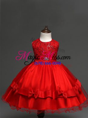 Elegant Sleeveless Tulle Knee Length Zipper Flower Girl Dresses for Less in Red with Lace and Bowknot