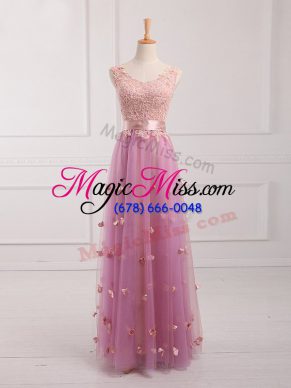 Customized Lace and Appliques Bridesmaid Dress Lilac Lace Up Sleeveless Floor Length